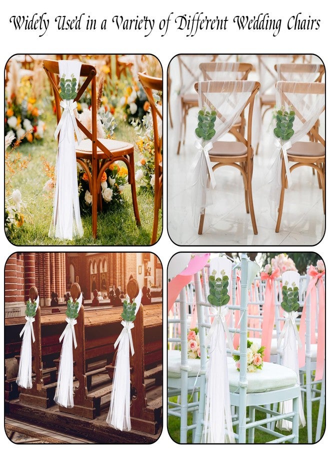 FEXICHUJI 26 Sets of Wedding Aisle Decorations, White Tulle Chair Sashes with Bow Ribbons and Artificial Eucalyptus Stems for Church Pews, Wedding Ceremony Chair Decor - Image 3