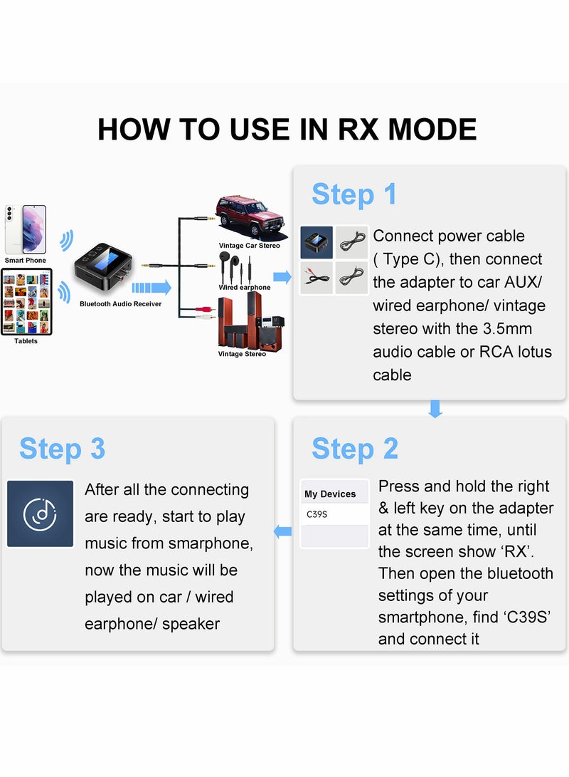 جهاز إرسال بلوتوث، جهاز إرسال واستقبال 2 في 1، محول صوت 5.0، يدعم 3.5 مم RCA بطاقة TF للتلفاز والكمبيوتر ومكبر الصوت وسماعة الرأس والسيارة - Image 3