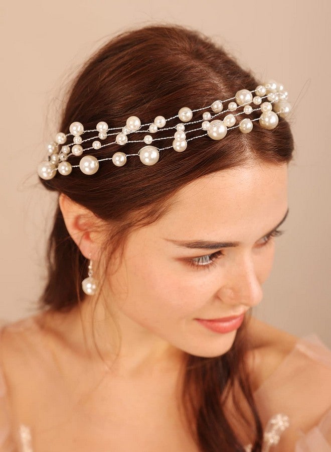 Kercisbeauty Pearl Layer Headband For Women Wedding Bridal Hair Tiara Handmade Headpiece For Wedding Prom Special Occasion Photo Shoot (Silver) - Image 1