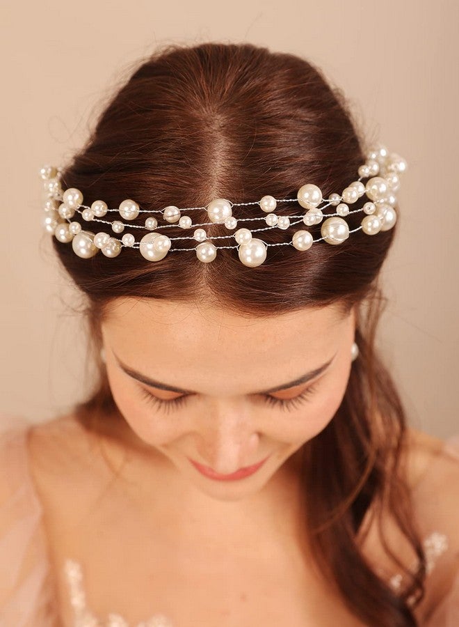 Kercisbeauty Pearl Layer Headband For Women Wedding Bridal Hair Tiara Handmade Headpiece For Wedding Prom Special Occasion Photo Shoot (Silver) - Image 2