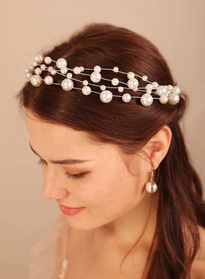 Kercisbeauty Pearl Layer Headband For Women Wedding Bridal Hair Tiara Handmade Headpiece For Wedding Prom Special Occasion Photo Shoot (Silver) - Image 3