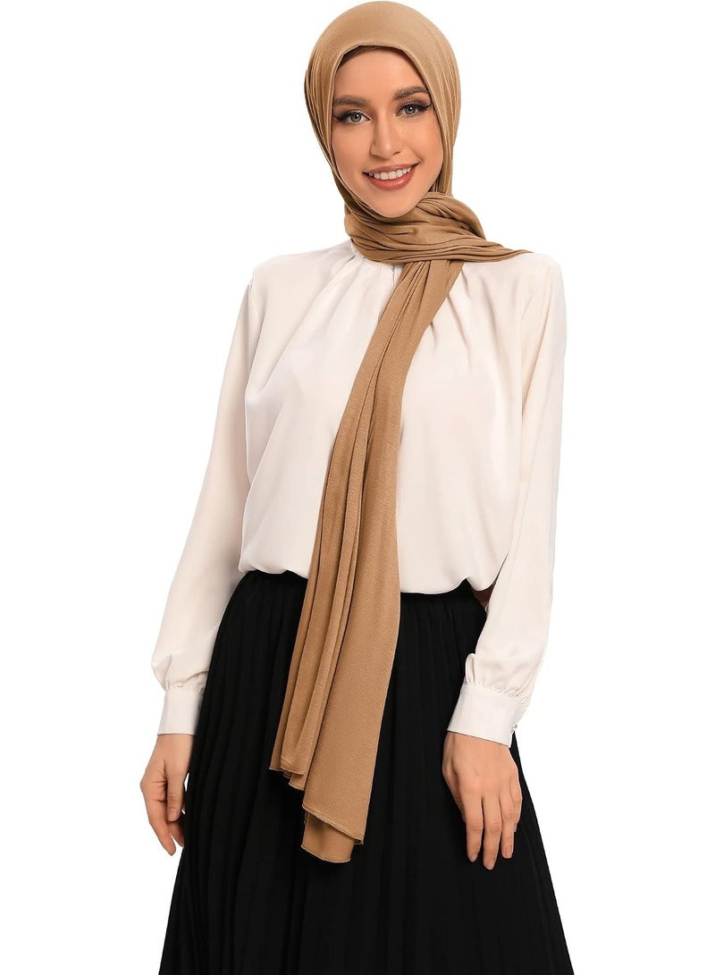 2Pcs Camel Jersey Hijab Scarf, 70x28 Inch Soft Breathable Silky Smooth Muslim Women Head Wrap for Daily Casual Wear - Image 1