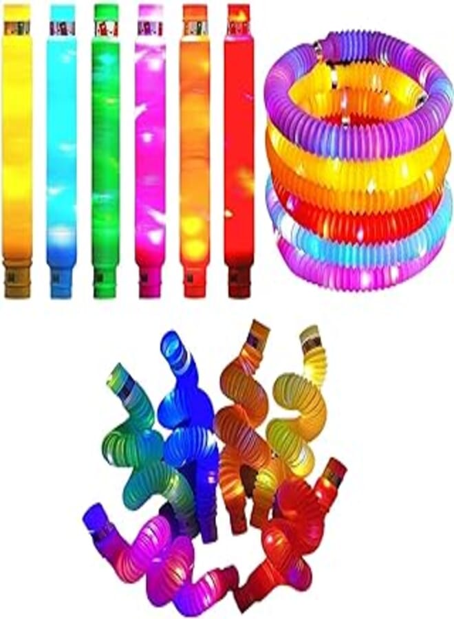 Kids Mandi LED Flashing Pop Tube Fidget Toys, Pipe Sensory Tools for Stress and Anxiety Relief, Tubes with Led Light for Kids (LED Pop Tubes - Pack of 12)