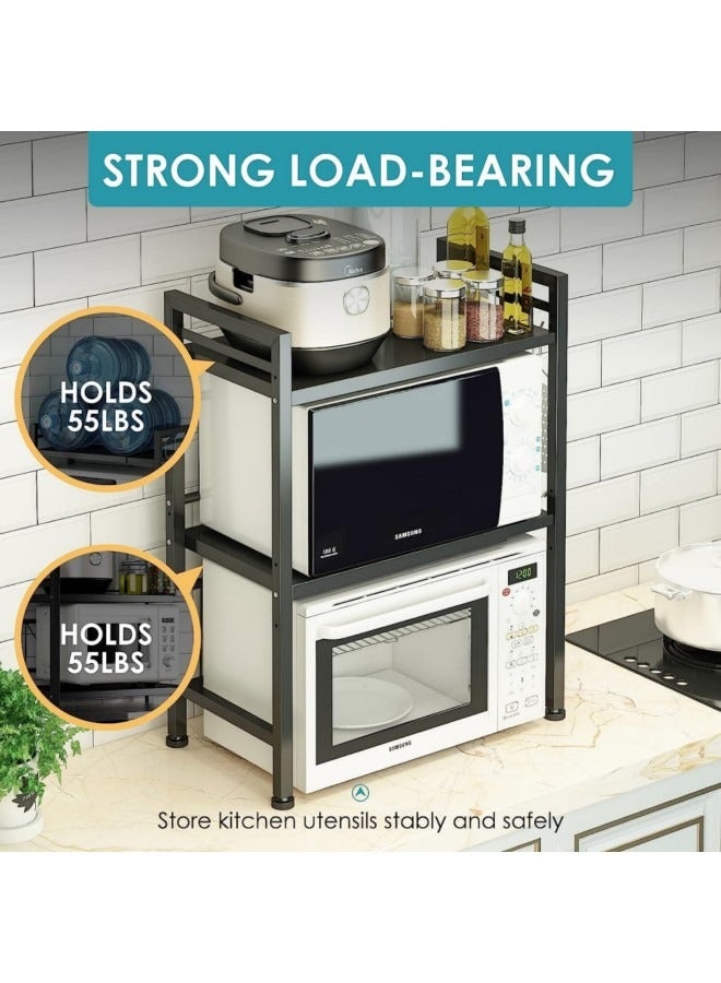 GGEROU رف فرن الميكروويف قابل للتمديد، رف الميكروويف/محمصة الخبز، حامل عالي التحمل، منظم سطح طاولة المطبخ، ارتفاع وطول قابلان للتعديل، طبقتان مع 6 خطافات، سعة وزن 55 رطلاً - Image 3