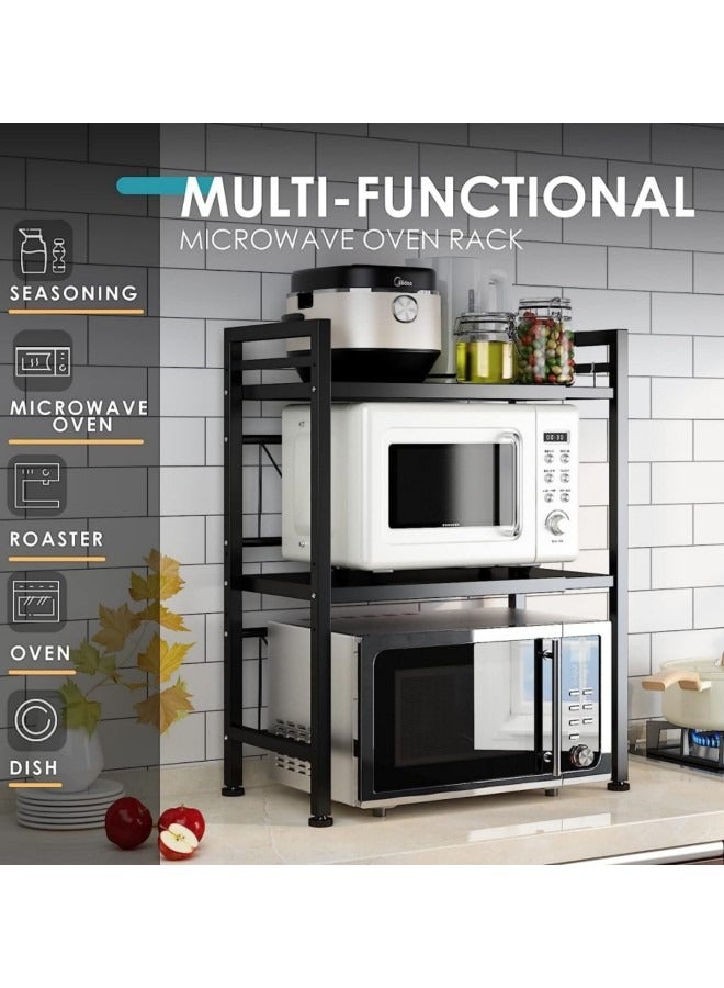 GGEROU رف فرن الميكروويف قابل للتمديد، رف الميكروويف/محمصة الخبز، حامل عالي التحمل، منظم سطح طاولة المطبخ، ارتفاع وطول قابلان للتعديل، طبقتان مع 6 خطافات، سعة وزن 55 رطلاً - Image 2