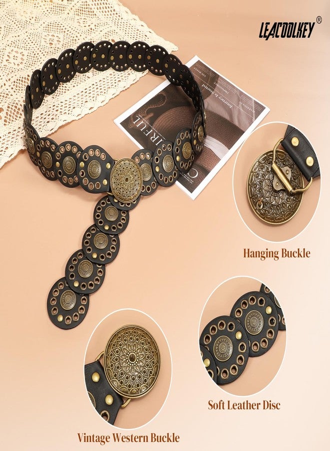 LEACOOLKEY Hollow Disc Belt Western Leather Belt Boho Concho Belt Vintage Waist Belt for Women - Image 5