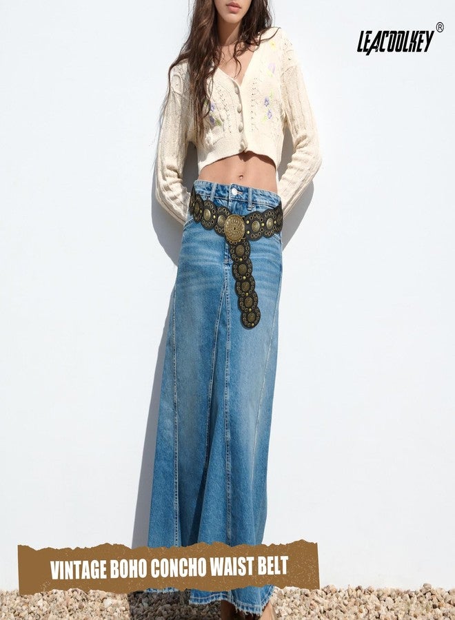 LEACOOLKEY Hollow Disc Belt Western Leather Belt Boho Concho Belt Vintage Waist Belt for Women - Image 4