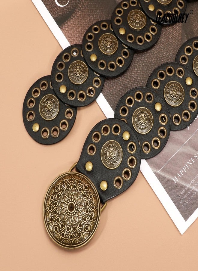 LEACOOLKEY Hollow Disc Belt Western Leather Belt Boho Concho Belt Vintage Waist Belt for Women - Image 3