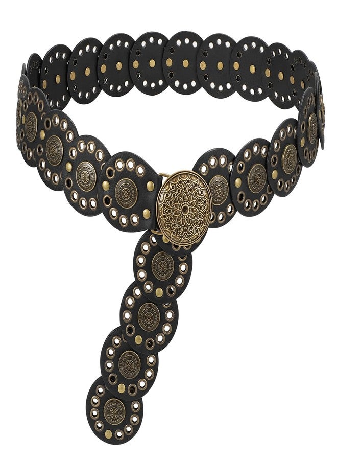 LEACOOLKEY Hollow Disc Belt Western Leather Belt Boho Concho Belt Vintage Waist Belt for Women - Image 1