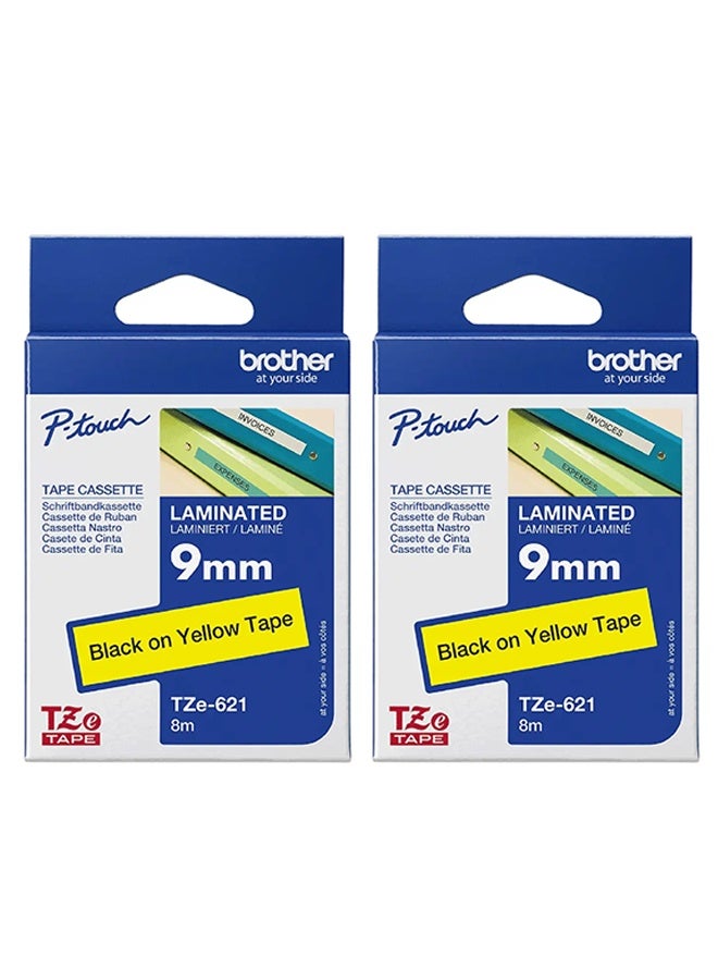 Brother TZe 621 9mm Black-on-Yellow Laminated Label Tape – 8m Cassette for P-Touch Printers (2-Pieces) - Image 1