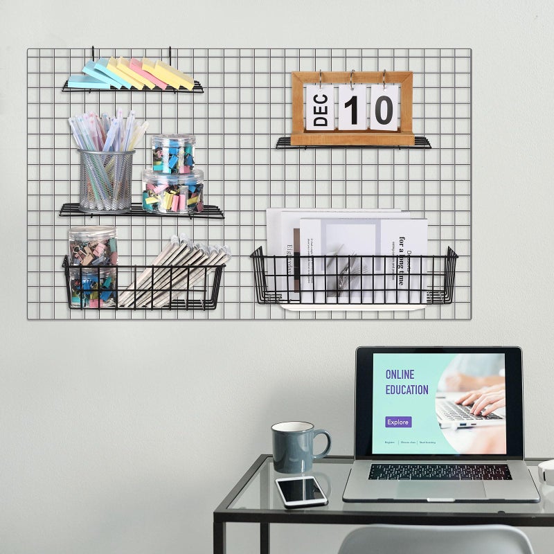 Yaocom 9 Pcs Grid Wall Shelves Gridwall Accessories Wall Grid Panel Hanging Basket with Hooks Set Includes 3 Basket 3 Wire Straight Shelf 3 Hooks Rack for Home Storage Display Organizer(Black) - Image 5