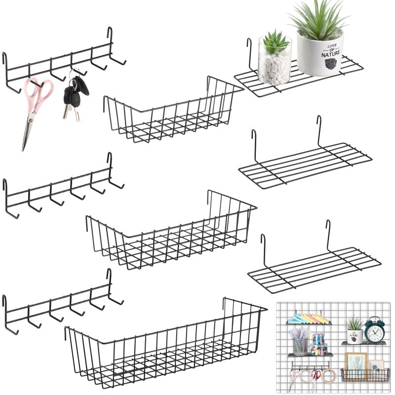 Yaocom 9 Pcs Grid Wall Shelves Gridwall Accessories Wall Grid Panel Hanging Basket with Hooks Set Includes 3 Basket 3 Wire Straight Shelf 3 Hooks Rack for Home Storage Display Organizer(Black) - Image 1