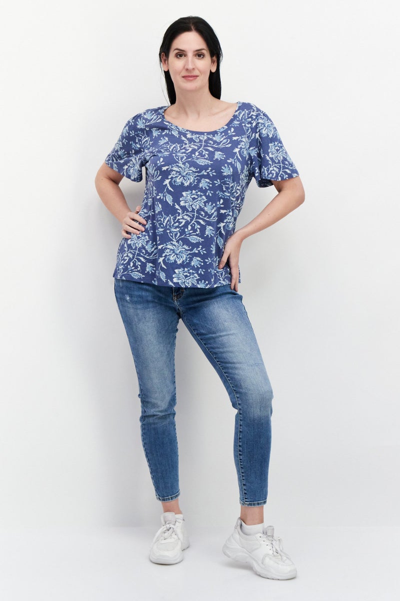 LUCKY BRAND Women Round Neck Short Sleeve Floral Print Top,  Blue Combo - Image 3