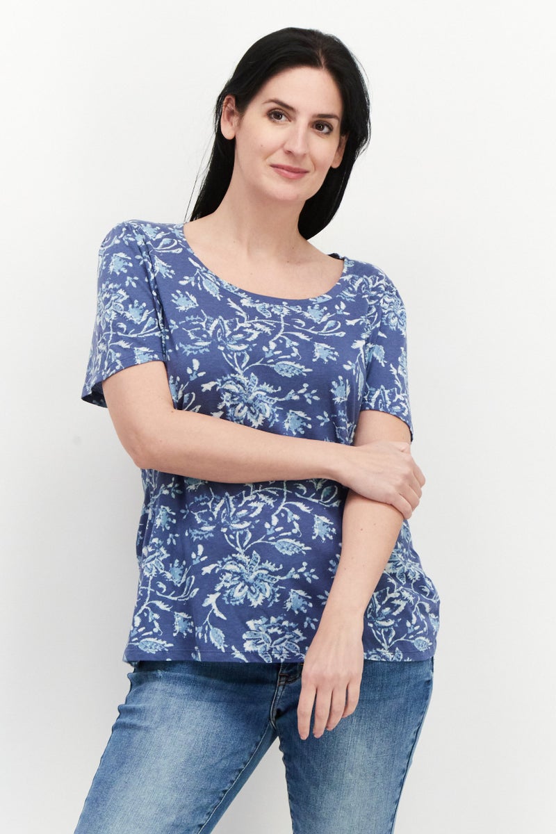 LUCKY BRAND Women Round Neck Short Sleeve Floral Print Top,  Blue Combo - Image 1
