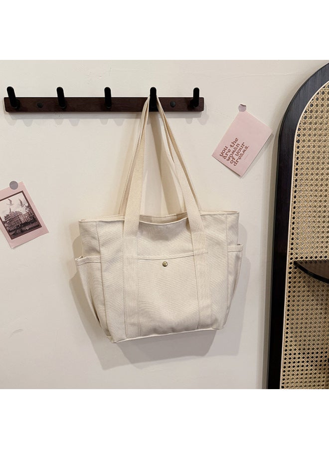 Canvas Bag Women's Handbag Single Shoulder Bag College Students All-match Handbag Commuter Large Capacity Mending Bag Multi-pocket-Color:Black (lined)  - Image 4
