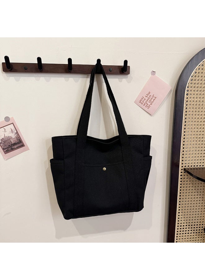 Canvas Bag Women's Handbag Single Shoulder Bag College Students All-match Handbag Commuter Large Capacity Mending Bag Multi-pocket-Color:Black (lined)  - Image 3