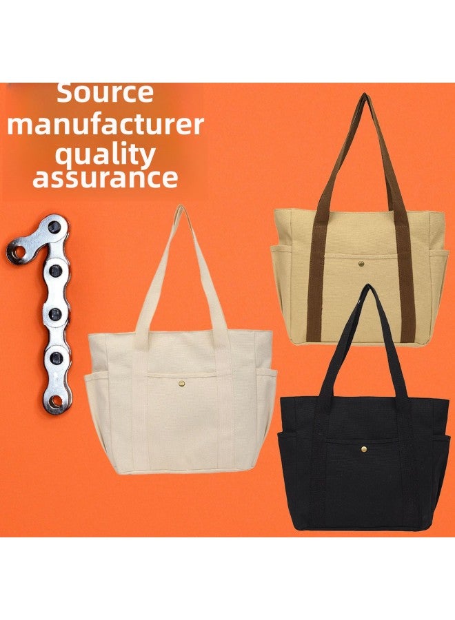 Canvas Bag Women's Handbag Single Shoulder Bag College Students All-match Handbag Commuter Large Capacity Mending Bag Multi-pocket-Color:Black (lined)  - Image 2