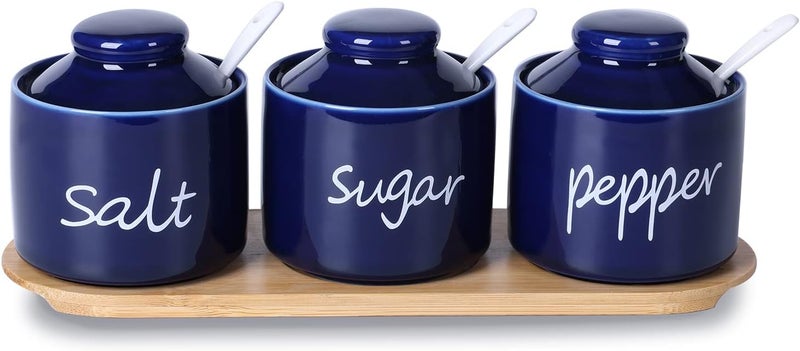 ONTUBE Farmhouse 8oz Sugar Pepper and Salt Bowls with Lid and Spoon, Ceramics Condiment Pots,Seasoning Jar Spice Container for Kitchen,Dishwasher Safe (Navy) - Image 1
