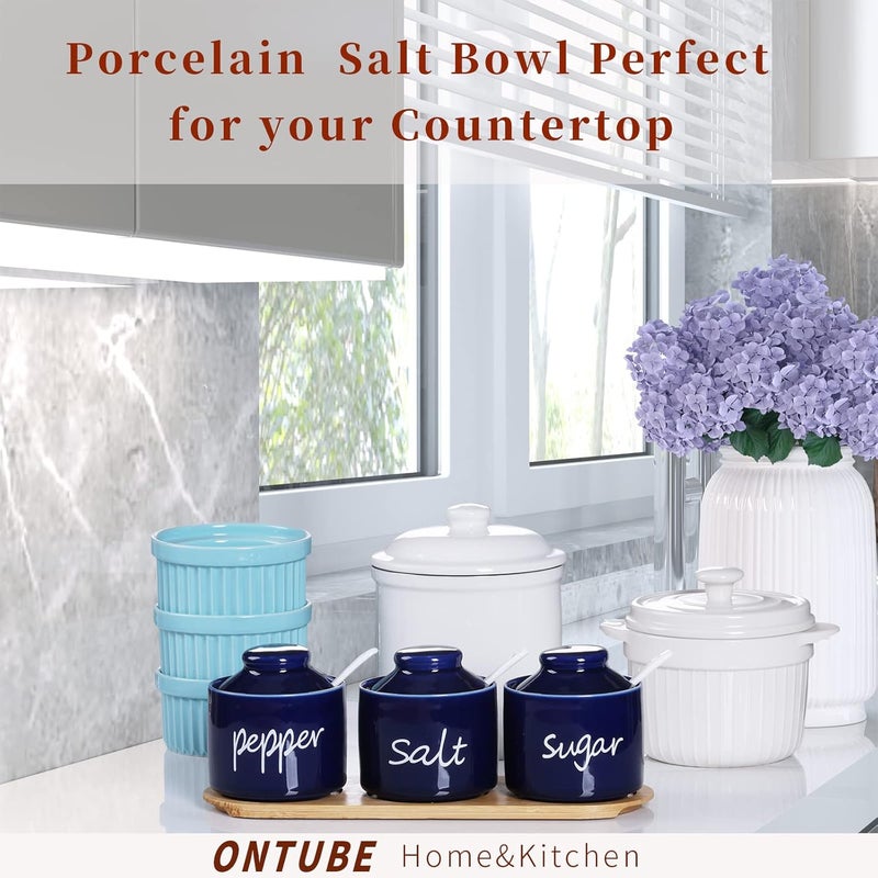 ONTUBE Farmhouse 8oz Sugar Pepper and Salt Bowls with Lid and Spoon, Ceramics Condiment Pots,Seasoning Jar Spice Container for Kitchen,Dishwasher Safe (Navy) - Image 5