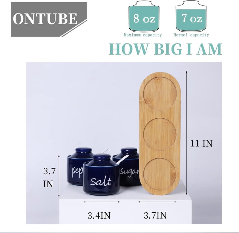 ONTUBE Farmhouse 8oz Sugar Pepper and Salt Bowls with Lid and Spoon, Ceramics Condiment Pots,Seasoning Jar Spice Container for Kitchen,Dishwasher Safe (Navy) - Image 2