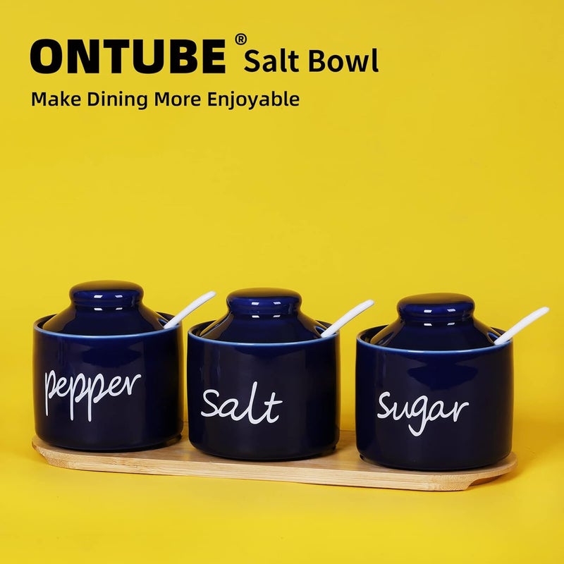 ONTUBE Farmhouse 8oz Sugar Pepper and Salt Bowls with Lid and Spoon, Ceramics Condiment Pots,Seasoning Jar Spice Container for Kitchen,Dishwasher Safe (Navy) - Image 3