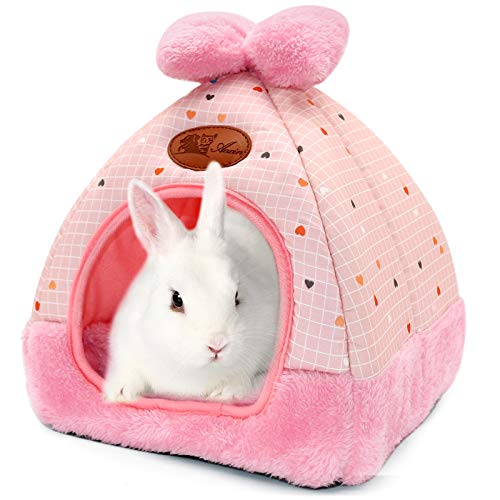 YUEPET Bunny Bed Warm Guinea Pig Cave Beds Cute Bowknot House Big Hideouts Cage Accessorie for Dwarf Rabbits Hamster Bunny Ferrets Rats Hedgehogs Chinchilla (Pink) - Image 1