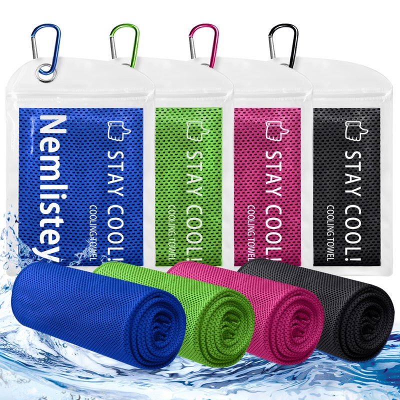 Nemlistey 4 Pack Cooling Towels, Soft Breathable Cooling Towels for Neck and Face, Microfiber Gym Towels for Men and Women with Waterproof Bag & Carabiner, Sweat Towel for Yoga, Golf, Hiking, Running - Image 1