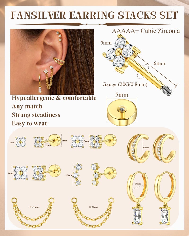 Fansilver 14K Gold Plated Earrings Stacks for Women, Hypoallergenic Surgical Stainless Steel Flat Back Earringsï¼ŒDainty Small Huggie Hoops Studs Earring-Cartilage Earring Set for Multiple Piercing G1 - Image 2