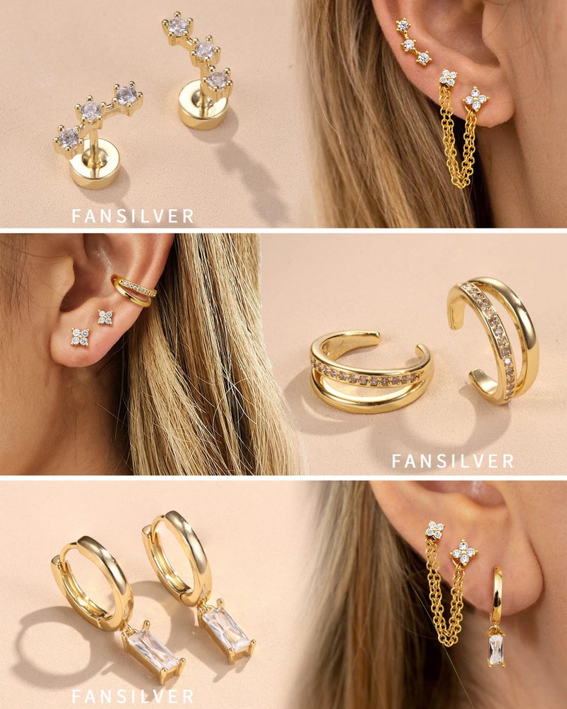 Fansilver 14K Gold Plated Earrings Stacks for Women, Hypoallergenic Surgical Stainless Steel Flat Back Earringsï¼ŒDainty Small Huggie Hoops Studs Earring-Cartilage Earring Set for Multiple Piercing G1 - Image 4