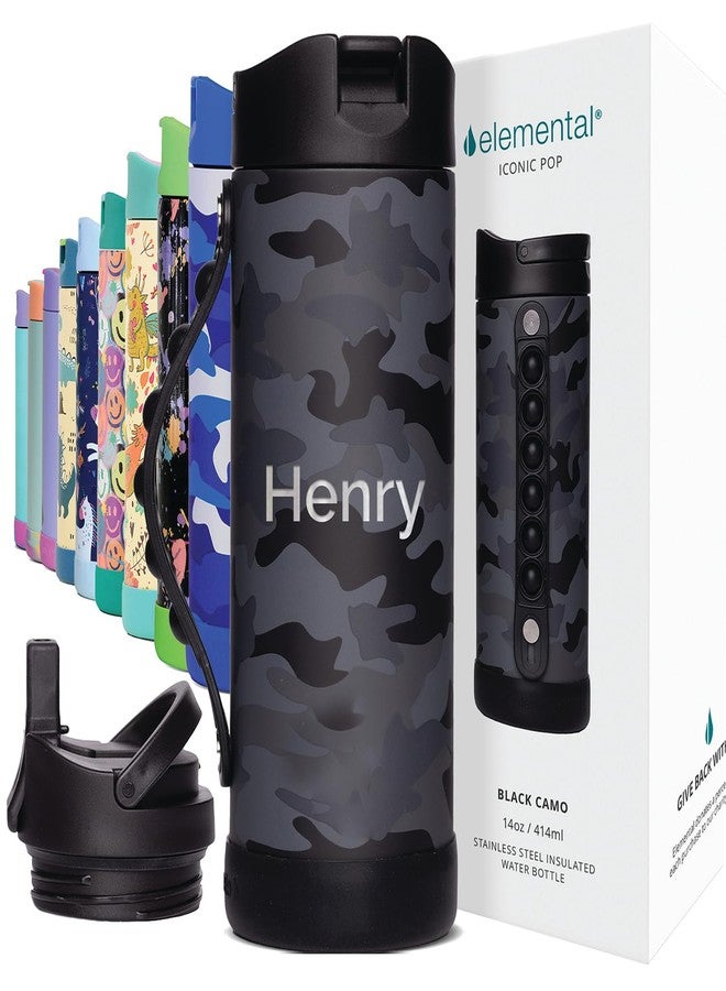 إليمنتال زجاجة مياه أطفال مميزة من إليمينتال، قابلة للتخصيص، مزودة بغطاء ماصة ومقبض قابل للطي لتخفيف التوتر، زجاجة مياه ثلاثية العزل مصنوعة من الفولاذ المقاوم للصدأ، مناسبة للبنات والأولاد، سعة 14 أونصة - لون أسود مموه - Image 1