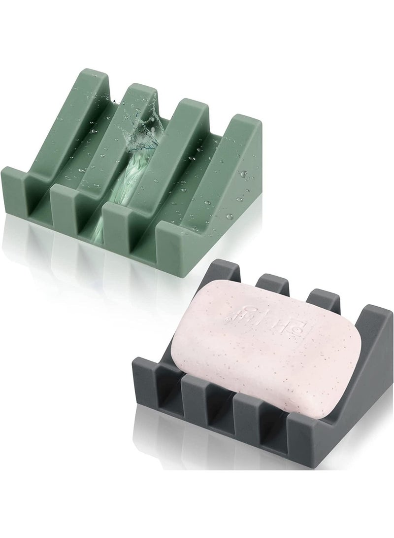 Silicone Soap Dish, Self Draining Soap Dish, Shower Waterfall Bar Soap Holder Tray, with Drain Soap Saver, for Kitchen Bathroom Accessories (Dark Grey, Light Green, 2) - Image 1