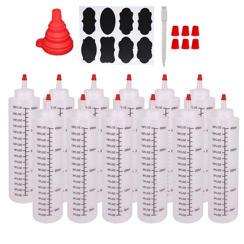 Belinlen 12 Pack 16Ounce Plastic Squeeze Bottles with Red Cap for Food Crafts Art Multi Purpose Set of 12 with extra 16 Chalk Labels 6 Red Cap and 1 Pen
