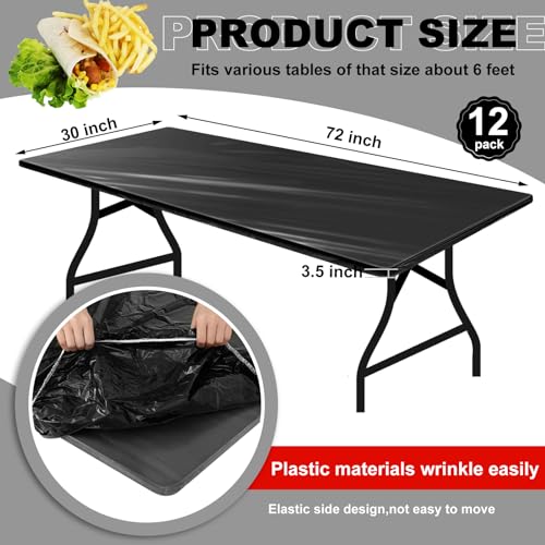 Boao 12 Pcs Plastic Table Cloths Disposable for Parties Picnic Table Covers with Fall Elastic Fitted Elastic Cover Rectangle Waterproof for Thanks Giving Christmas Picnic6 Ft 72 x 30 InchBlack - Image 3