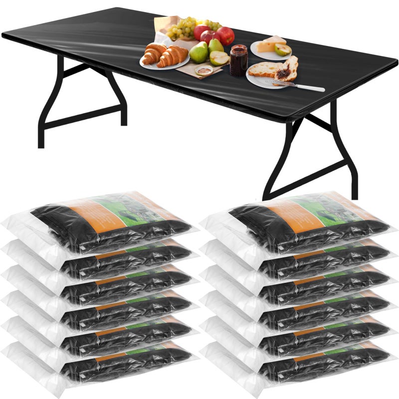 Boao 12 Pcs Plastic Table Cloths Disposable for Parties Picnic Table Covers with Fall Elastic Fitted Elastic Cover Rectangle Waterproof for Thanks Giving Christmas Picnic6 Ft 72 x 30 InchBlack - Image 2