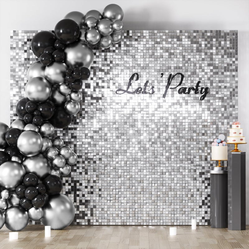 COKAOBE Silver Shimmer Wall Backdrop, 36PCS Square Sequin Shimmer Backdrop Panel, Photo Backdrops for Birthday, Anniversary, Wedding, Graduation & Bachelorette Party Decoration - Image 1