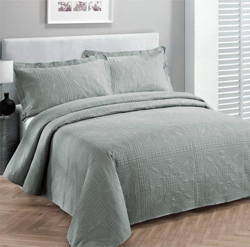 Elegant Home Decor Elegant Home Beautiful Over Sized Solid Color Embossed Floral Striped 3 Piece Coverlet Bedspread (Queen/Full, Light Grey)