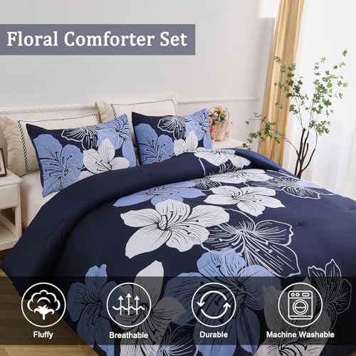 Menghomeus Queen Comforter Set Navy Blue Floral Bedding Comforter Sets - Soft Microfiber Bed Comforter Set for All Season, 3 Piece Botanical Flowers Comforter, Pillowcases - Image 4