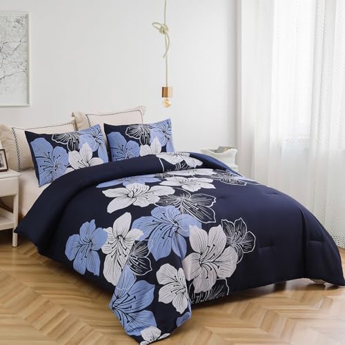 Menghomeus Queen Comforter Set Navy Blue Floral Bedding Comforter Sets - Soft Microfiber Bed Comforter Set for All Season, 3 Piece Botanical Flowers Comforter, Pillowcases - Image 2