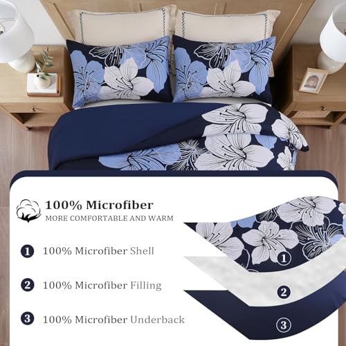 Menghomeus Queen Comforter Set Navy Blue Floral Bedding Comforter Sets - Soft Microfiber Bed Comforter Set for All Season, 3 Piece Botanical Flowers Comforter, Pillowcases - Image 3
