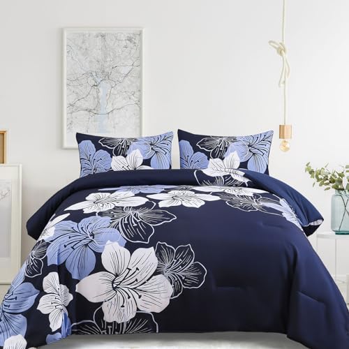 Menghomeus Queen Comforter Set Navy Blue Floral Bedding Comforter Sets - Soft Microfiber Bed Comforter Set for All Season, 3 Piece Botanical Flowers Comforter, Pillowcases - Image 1