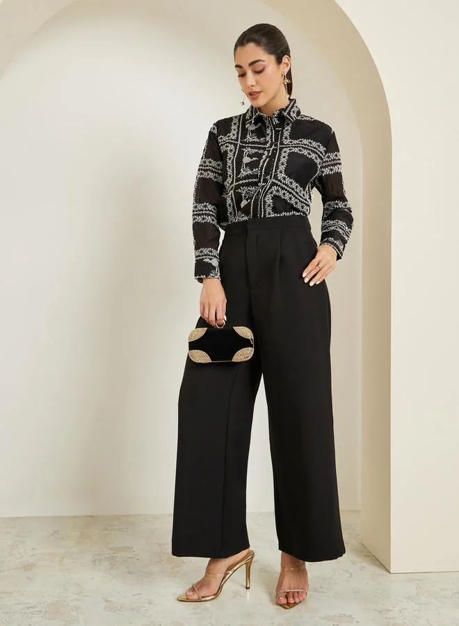 Styli Women Black Floral Embroidered Shirt