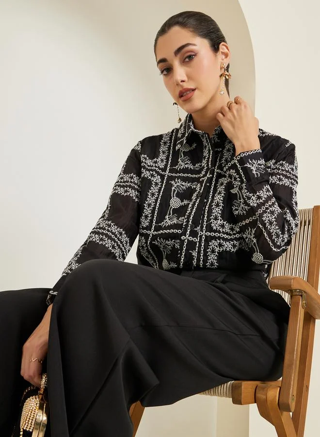 Styli Women Black Floral Embroidered Shirt