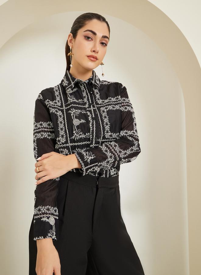 Styli Women Black Floral Embroidered Shirt - Image 1