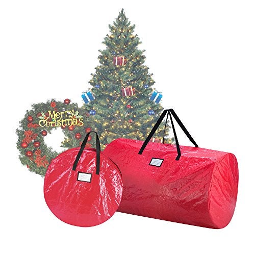 Elf Stor Christmas Tree and Wreath Storage Bag Set - Zippered Canvas Organizers Store 9-Foot Artificial Tree and 30-Inch Holiday Wreaths by Elf Stor (Red) - Image 1