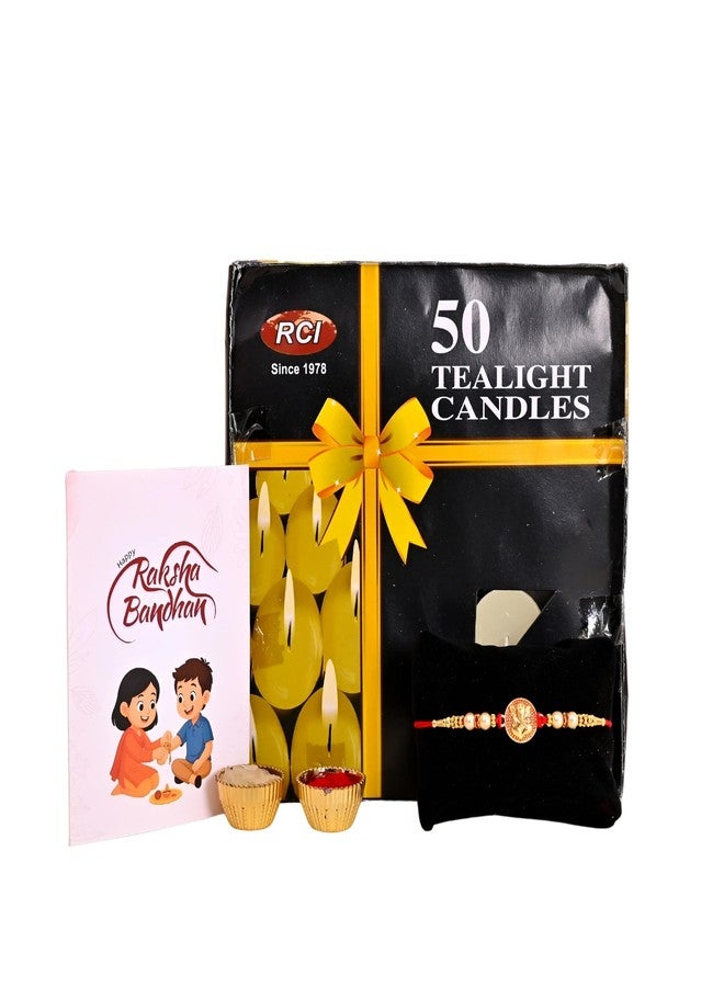 Poorak Religious Assorted Rakhi Set – Includes 1 Rakhi, 1 Tealight Candle Set, Roli Chawal & Greeting Card - Image 1