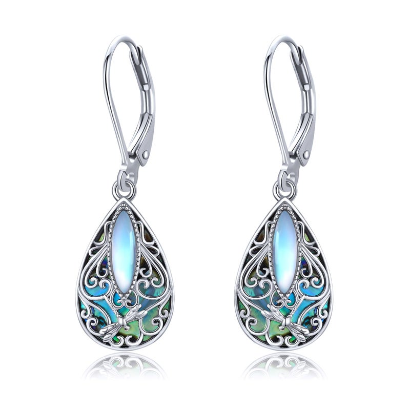 ONEFINITY Dragonfly Filigree Earrings Sterling Silver Teardrop Abalone Shell Drop Dangle Earring Filigree Leverback Earrings Gifts for Women Jewelry - Image 1