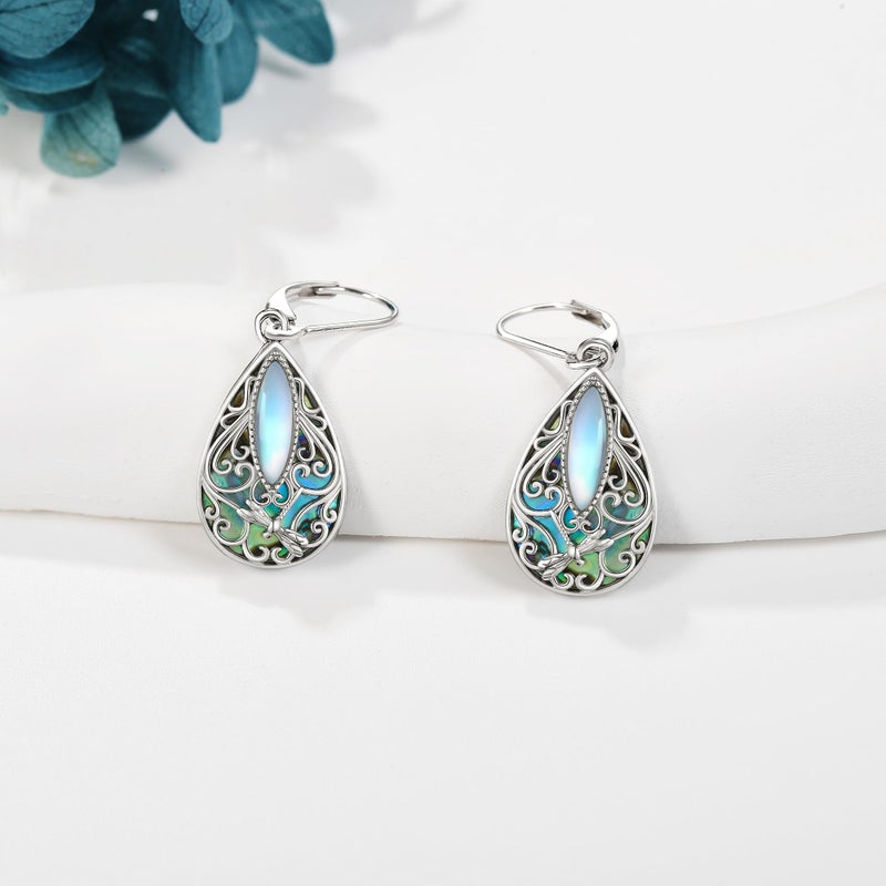 ONEFINITY Dragonfly Filigree Earrings Sterling Silver Teardrop Abalone Shell Drop Dangle Earring Filigree Leverback Earrings Gifts for Women Jewelry - Image 3