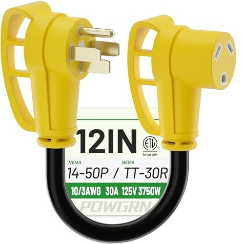 POWGRN 50 Amp to 30 Amp RV Adapter 12 inch, Heavy Duty Extension Cord 10/3 Gauge RV Electrical Adapter, NEMA 14-50P Male to NEMA TT-30R Female, STW 30AWG 30A 125V 3750W, Black-Yellow, ETL Listed - Image 1