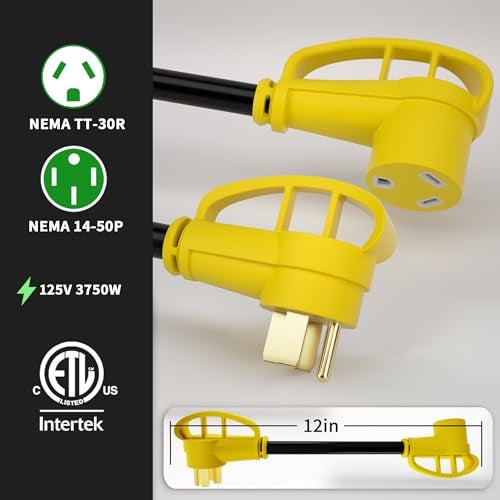 POWGRN 50 Amp to 30 Amp RV Adapter 12 inch, Heavy Duty Extension Cord 10/3 Gauge RV Electrical Adapter, NEMA 14-50P Male to NEMA TT-30R Female, STW 30AWG 30A 125V 3750W, Black-Yellow, ETL Listed - Image 2