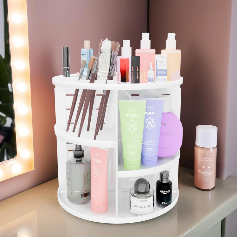 Kuber Industries 360° Rotating Makeup Organizer Stand | 7 Adjustable Layers Dressing Table Organiser for Cosmetics, Perfume and Lipstick | Skincare Storage Vanity Makeup Brush Holder | White - Image 2